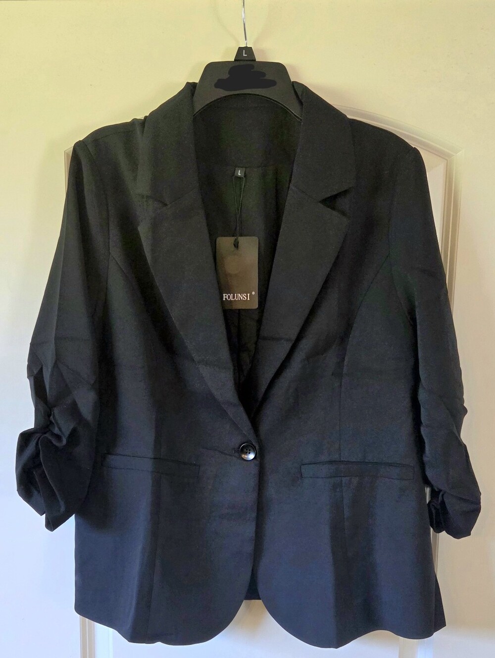 Black Women's Single-Button Blazer with Ruched 3/4 Sleeves